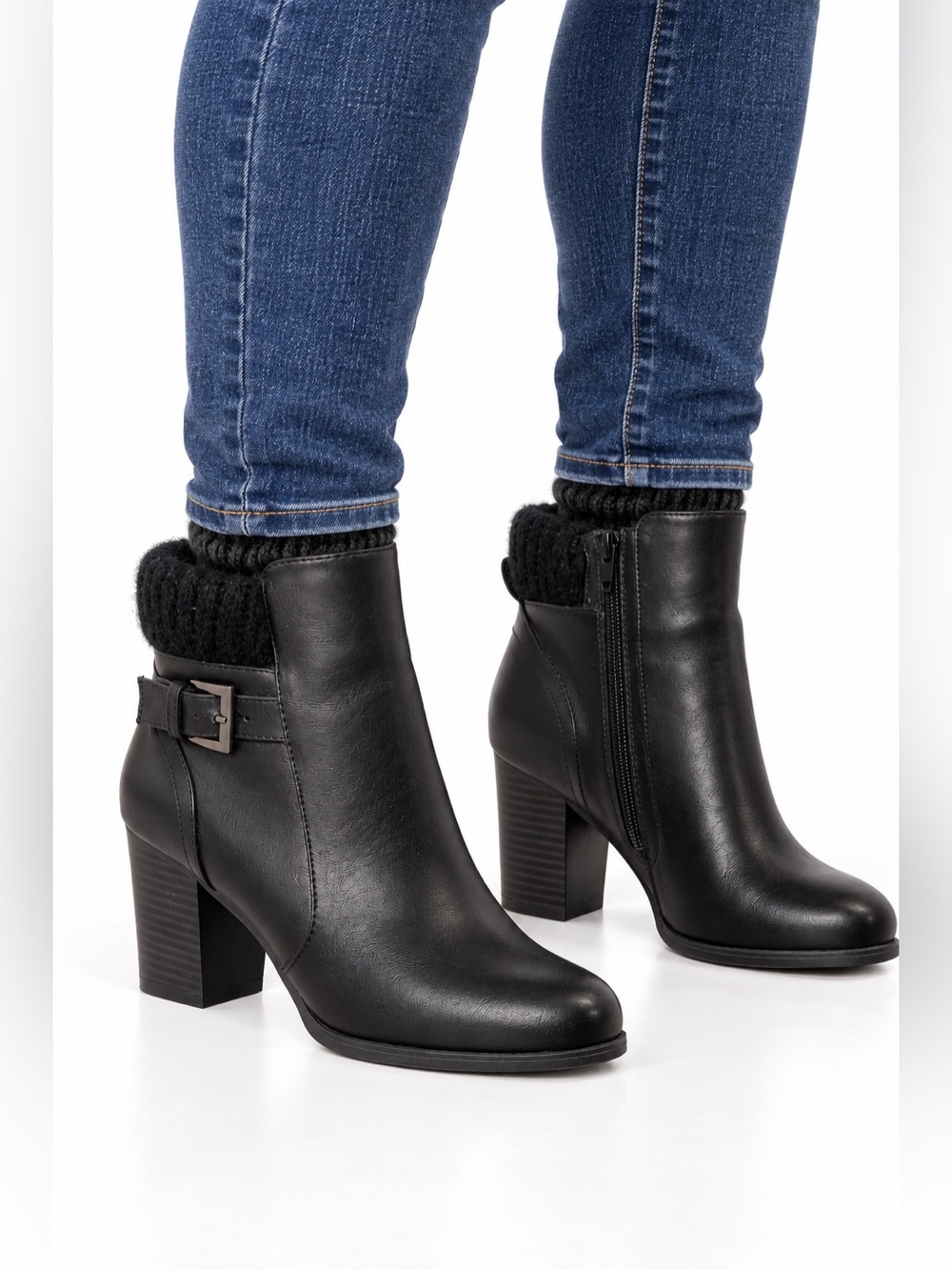 Charlotte Russe Black Sweater Cuff Ankle Boots Size 8 Chunky Heel Buckle Zip